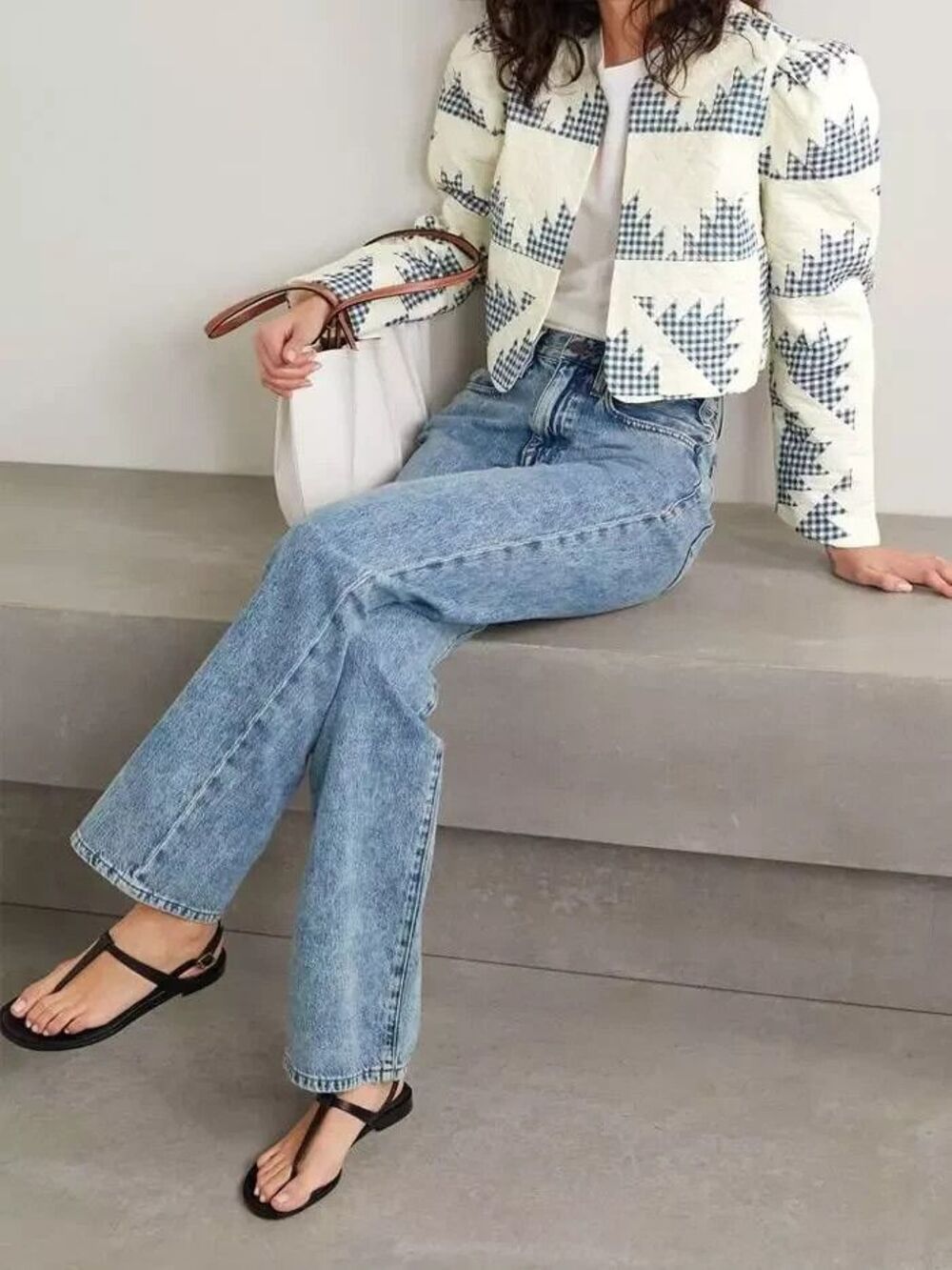 Caroline Constas women White & Navy Linen Blend Quilted Blazer Jacket size Small